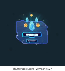 Game Futuristic Hud Sci Fi Frame UI Pop Up Window Reward Page Winner Crystal Coins Blue Asymmetric Vector Design
