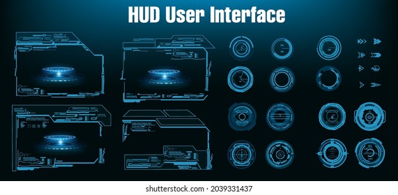 Game futuristic user interface HUD. Windows and frames with cyber-style work panels for games.  Holographic cyber frames windows and  aiming navigation systemwith, target HUD options