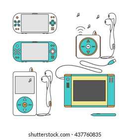 Game gadget Icons. Handheld game console Icons. Music players with headphones. Music device line icons. Pen tablet icon. Pen tablet and sensor pen. Vector illustration on a white background.