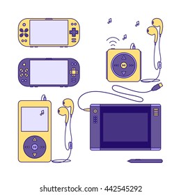 Game gadget Icons. Handheld game console Icons. Music players with headphones. Music device line icons. Pen tablet icon. Pen tablet and sensor pen. Vector illustration on a white background.
