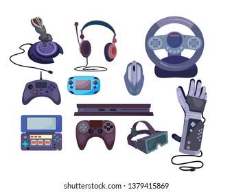 Game gadgets set. Collection of devices for videogaming. Can be used for topics like leisure, entertainment, virtual, reality