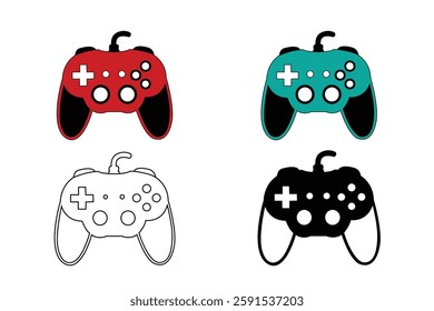 Game and gaming controller vector icon set illustration isolated on white background. Video game controller, joystick, console vector logo art work.