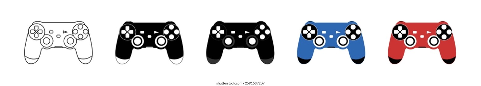 Game and gaming controller vector icon set illustration isolated on white background. Video game controller, joystick, console vector logo art work.