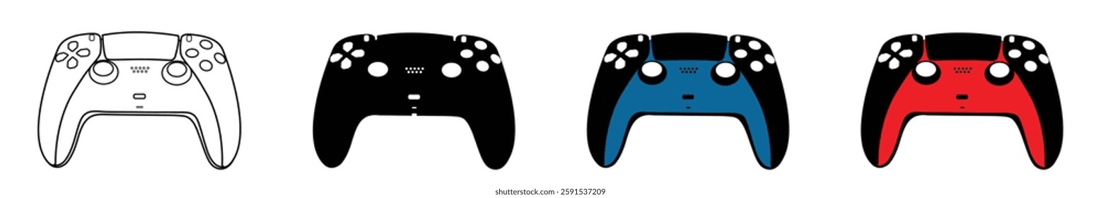 Game and gaming controller vector icon set illustration isolated on white background. Video game controller, joystick, console vector logo art work.