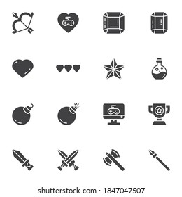 Game, gaming vector icons set, modern solid symbol collection, filled style pictogram pack. Signs, logo illustration. Set includes icons as bow and arrow, hearts, gaming computer monitor with gamepad