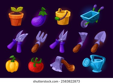 Game garden tools. Gardening instruments with farm vegetables gaming ui icons, shovel wheelbarrow cart watering can gardener farmer equipment cartoon icons tidy vector illustration original artwork