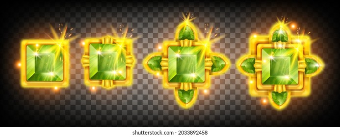 Game gem crystal assets set, UI diamond jewel stone rating achievement award design, winner badge. Gold treasure, green glowing brilliant reward, emerald user interface design kit. Game gem trophy