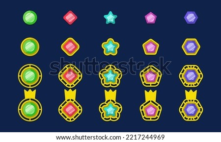 Game gem progress set and cartoon gui icon. Collection level up award amulet and asset interface. Jewelry achievement insignia and diamond token with crown. Cartoon precious trophy vector illustration