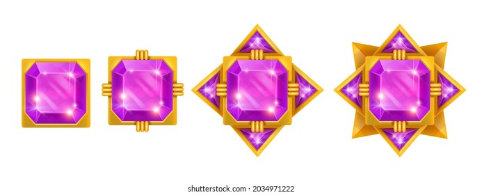 Game Gem Vector Crystal Set, Diamond UI Jewel Stone Kit, Gold Ranking Award Icons Isolated On White. Rating Achievement Royal Treasure, Magic Purple Glass Star Badge. Winner Level Up Game Gem Medal