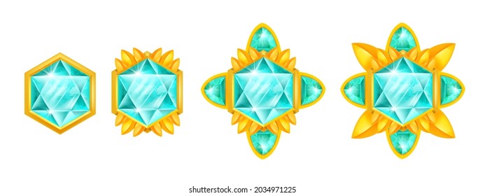 Game Gem Vector Crystal Set, Diamond UI Jewel Stone Icon Illustration Kit, Level Up Gold Trophy, Blue Glass. Victory Rating Treasure Badge, UI Achievement Asset, Magic Lucky Object. Game Gem Design