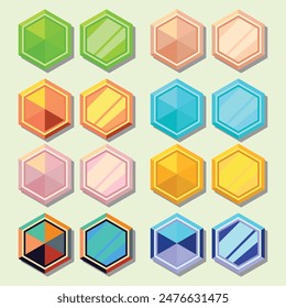 Game gem vector stone icon set,crystal jewel treasure illustration kit, gold star award medal. Rating trophy UI badge, royal achievement reward design, level up magic objects. Game gem ruby asset