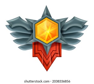 Game gem vector winner badge, crystal diamond UI jewel medal, victory stone trophy award, wings. RPG royal achievement asset, magic ruby ranking item, fantasy brilliant reward. Game gem jewelry object