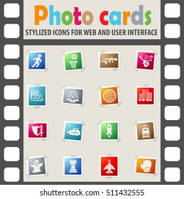 game genre web icons on color photo cards for user interface