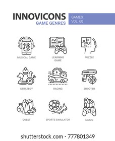 Game genres - line design icons set. Musical, learning, puzzle, strategy, racing, shooter, quest, sports stimulator, mmog. Collection of blue and red high quality images, popular activities