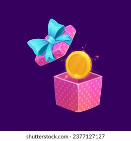 Game gift box and coin. Cartoon bonus, present and reward prize icon, vector ui element. Open pink box with blue ribbon bow, flying out gold money coin with magic golden shine, casino or lottery draw