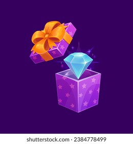 Game gift box and gem. Cartoon bonus, present and reward prize icon with vector open box and shining diamond. Game ui assets for casino, surprise giveaway, achievement award, lottery draw or raffle