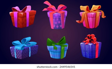 Spiel Geschenkbox-Symbol. Ui Geburtstagsgeschenk Cartoon Vektorgrafik. Bonuspaket mit Band. Mystery geschlossene Belohnung mit Schatz gesetzt. Isolierte 2D Lotterie Geschenkbox mit Schleife für Weihnachtsfeier Interface Design.