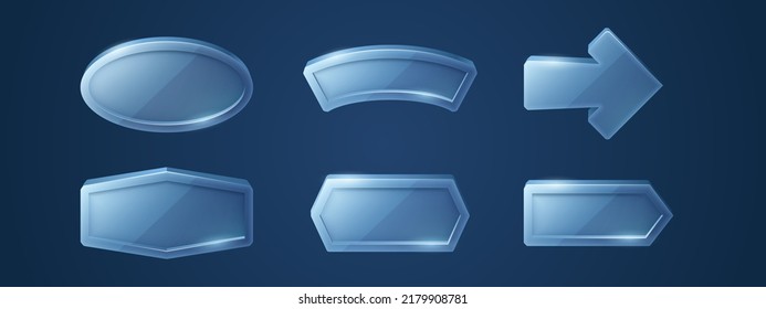 Game glass buttons, cartoon menu interface, glossy textured blocks with light reflection. Ui or gui graphic design elements. Shiny plaques, arrows and banners for user panel, isolated 2d vector set