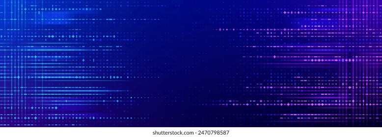 Game glitch background, vector pattern with blue and purple disrupted horizontal lines, dots and digital pixelated noise that emulate visual disruption or glitch effect in video games or digital media