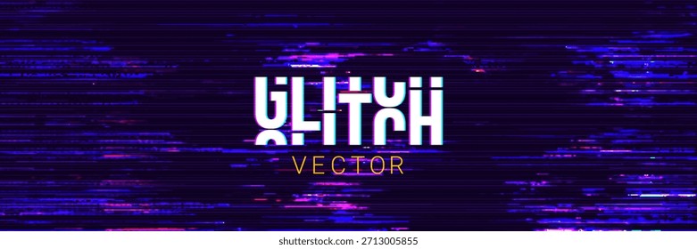 Game Glitch Pixels Screen. Abstract Cyberpunk Purple Glitched Background. Abstract Noise Effect, Error Video Damage, Stylized Data Corrupted Lines. Vector illustration. 