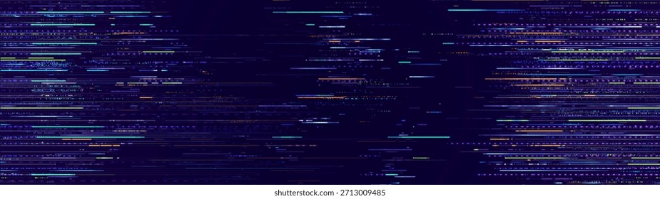 Game Glitch Pixels Bildschirm. Abstrakter Cyberpunk-violetter Glitzer Hintergrund. Abstrakter Rauscheffekt, Fehler bei Videoschäden, stilisierte Daten beschädigte Zeilen. Vektorgrafik. 