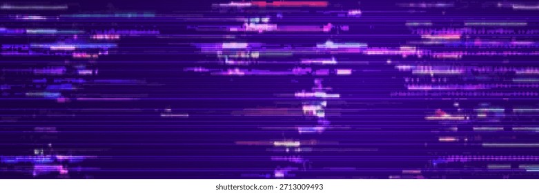 Game Glitch Pixels Bildschirm. Abstrakter Cyberpunk-violetter Glitzer Hintergrund. Abstrakter Rauscheffekt, Fehler bei Videoschäden, stilisierte Daten beschädigte Zeilen. Vektorgrafik. 
