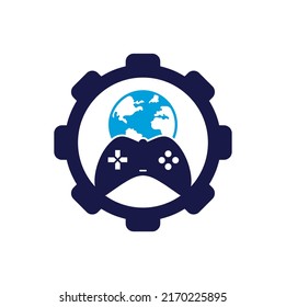 Game Globe gear shape concept Logo Icon Design. Online Gamer World Logo. Globe and Game Stick Icon