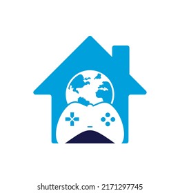 Game Globe home shape concept Logo Icon Design. Online Gamer World Logo. Globe and Game Stick Icon