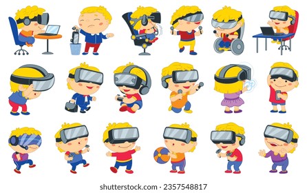 Game goggles icons set cartoon vector. Vr 360. Glass digital