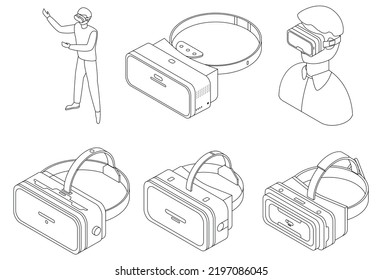 Das Spiel goggles Icons Set. Isometrische Reihe von Spielgoggles Vektorsymbole bilden dünne Linie einzeln auf weiß