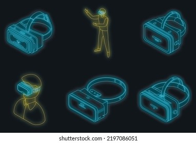 Game goggles icons set. Isometric set of game goggles vector icons neon color on black