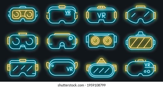 Game goggles icons set. Outline set of game goggles vector icons neon color on black