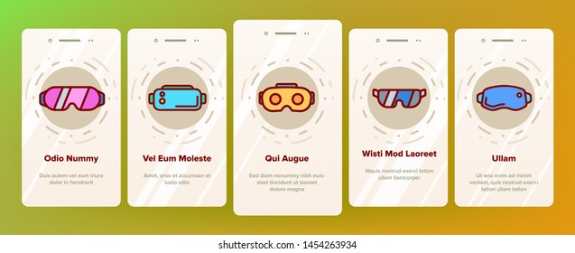 Game Goggles Vector Onboarding Mobile App Page Screen. Game Goggles for Indoor, Outdoor Activities Linear Pictograms. VR Headsets, Scuba Diving Equipment, Protective Skiing Glasses Illustrations