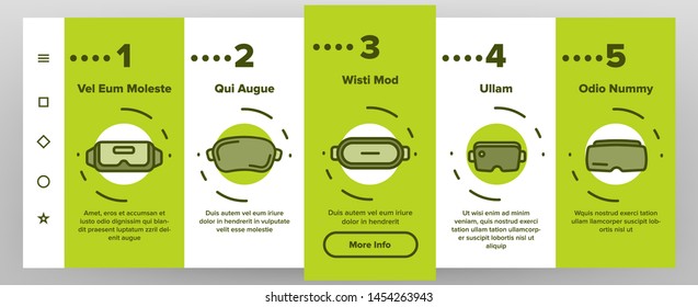 Game Goggles Vector Onboarding Mobile App Page Screen. Game Goggles for Indoor, Outdoor Activities Linear Pictograms. VR Headsets, Scuba Diving Equipment, Protective Skiing Glasses Illustrations