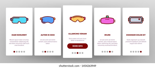 Game Goggles Vector Onboarding Mobile App Page Screen. Game Goggles for Indoor, Outdoor Activities Linear Pictograms. VR Headsets, Scuba Diving Equipment, Protective Skiing Glasses Illustrations