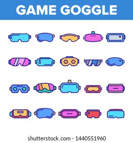 Game Goggles Vector Thin Line Icons Set. Game Goggles for Indoor, Outdoor Activities Linear Pictograms. VR Headsets, Scuba Diving Equipment, Protective Skiing Glasses Contour Illustrations