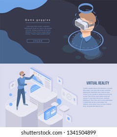 Game goggles vr banner set. Isometric set of game goggles vr vector banner for web design