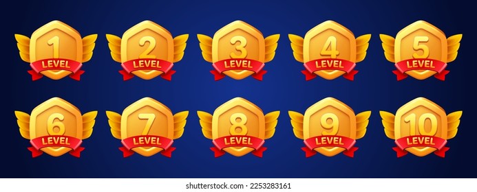 Game gold badges with level number. Achievement rank emblems, golden hexagon label of game level with red ribbon and wings, vector cartoon set isolated on background