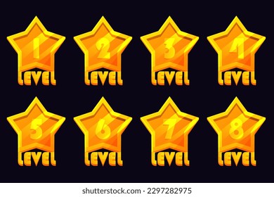 Bandas de oro de juego con número de nivel. Para juegos, interfaz de usuario, banner, aplicación, interfaz, ranuras, desarrollo de juegos.