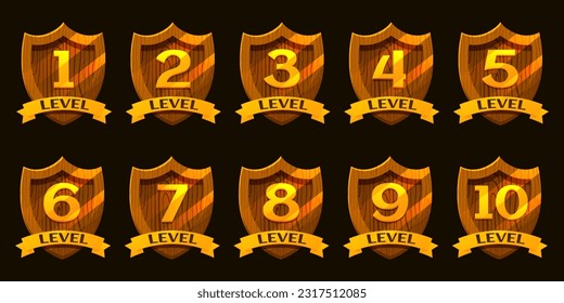 Bandas de oro de juego con número de nivel. Para juegos, interfaz de usuario, banner, aplicación, interfaz, ranuras, desarrollo de juegos.