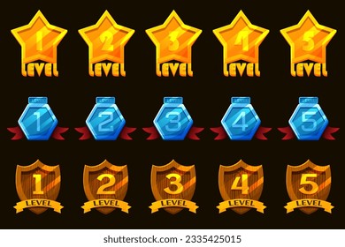 Game gold badges with level number. For game, user interface, banner, application, interface, slots, game development.