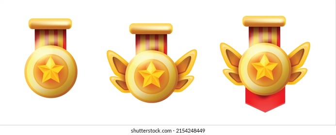 Juego de medallas de oro de juego, juego de insignias de victoria para el ganador del vector, icono de premio de la interfaz de usuario, moneda de logro de rango en blanco. Coloca el trofeo bono, estrella de clasificación, emblema del primer lugar del metal, etiqueta del campeón. Ganadora de medallas