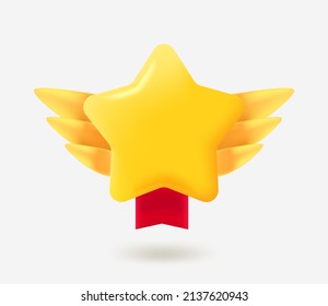 Game gold rating star label with red ribbon and wings. 3d vector badge