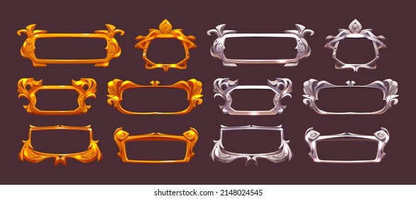 Game gold and silver fantasy frames in medieval style. Vector cartoon set of rpg game ui design elements with empty old metal and golden buttons with decorative borders svg