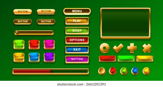 Game Golden frame and button, label set color, event bar button, gold signboard. Vector illustration