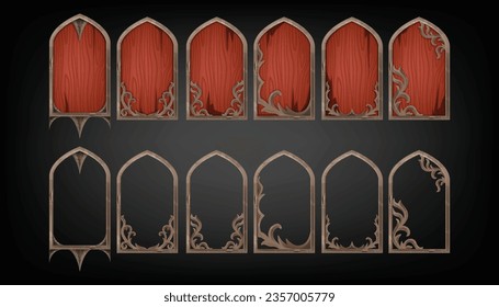 Game gothic window frame set, UI fantasy medieval RPG arch, vector wooden texture menu castle plank. Vintage architecture decorative panel kit, antique old church door. Gothic frame avatar app assets