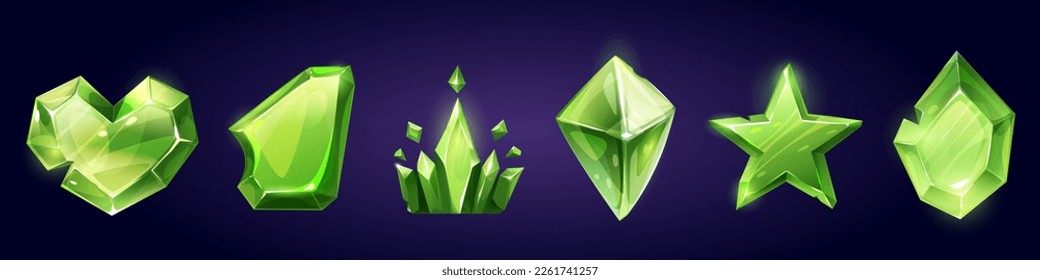Game grüner Edelstein in Form von Krone, Stern und Herz. Magische Juwel Kristall oder Diamantsymbole, smaragdfarbene Schätze, königliche Edelsteine. Fantasy-Cartoon-Gui-Trophäe mit Textur, einzeln