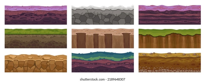 Game ground asset. Seamless foreground floor of rocks stones dirt and grass, horizontal pattern for game level of sand desert and meadows. Vector texture set of seamless level game illustration