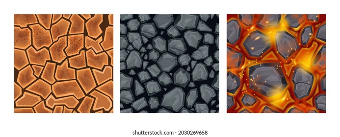 Juego de patrones sin fisuras en el terreno de juego, textura de visión de la superficie de la tierra natural, mosaico de paisaje de repetición ambiental. Superficie de piedra gris, fondo de roca volcánica volcánica volcánica volcánica, suelo seco del desierto. Activos de tierra de juego interminables cuadrados