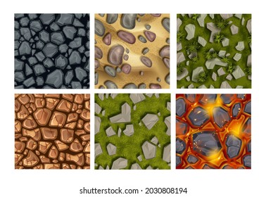 Game ground seamless pattern set, vector stone texture kit, rock, lava, green grass, underwater pebbles. Nature square tiles, cracked rocks, desert surface, sand top view. Game ground material concept